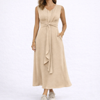 Elegant Sleeveless Midi Dress with Waist Tie Detail