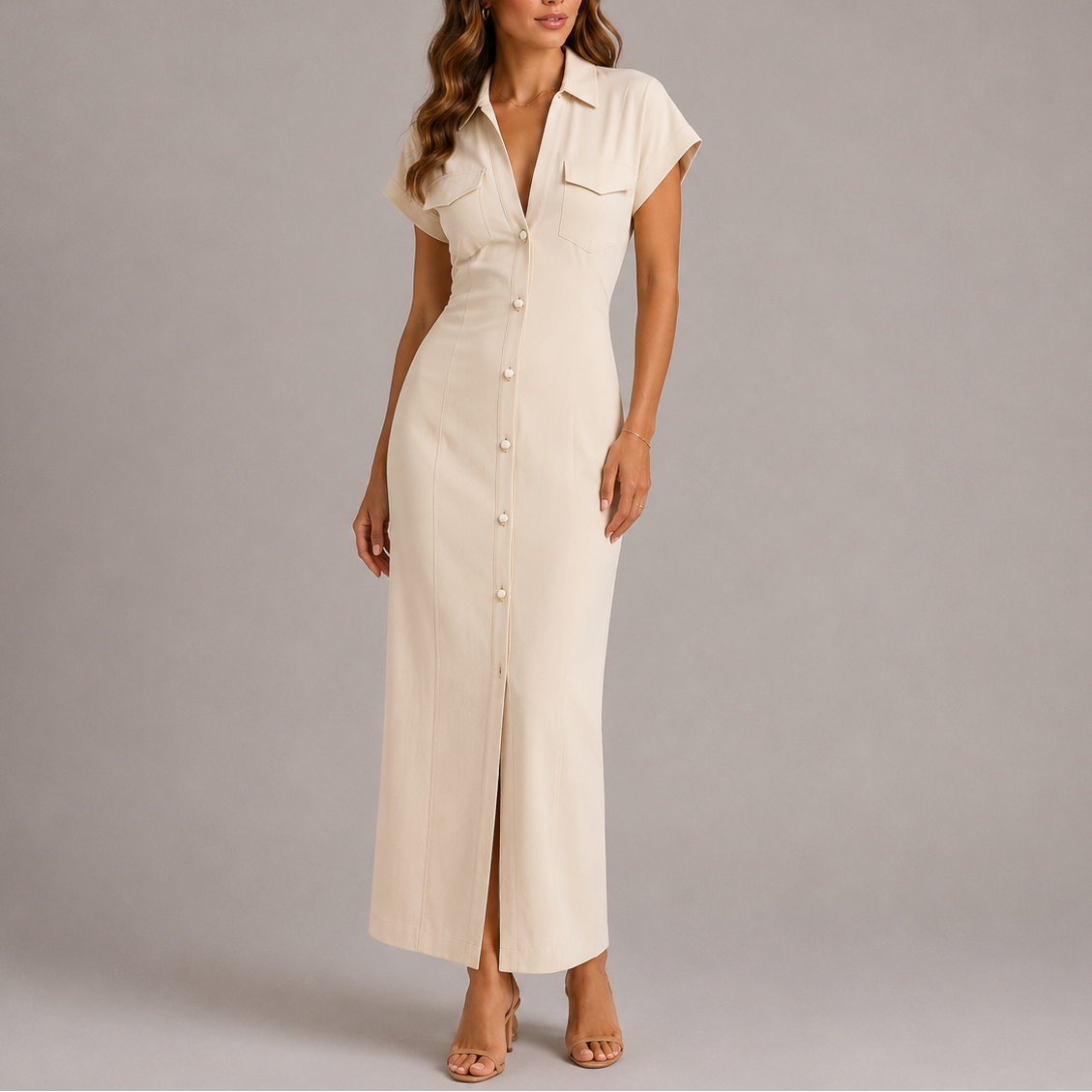 Women's Tailored Denim Midi Dress with Side Zip