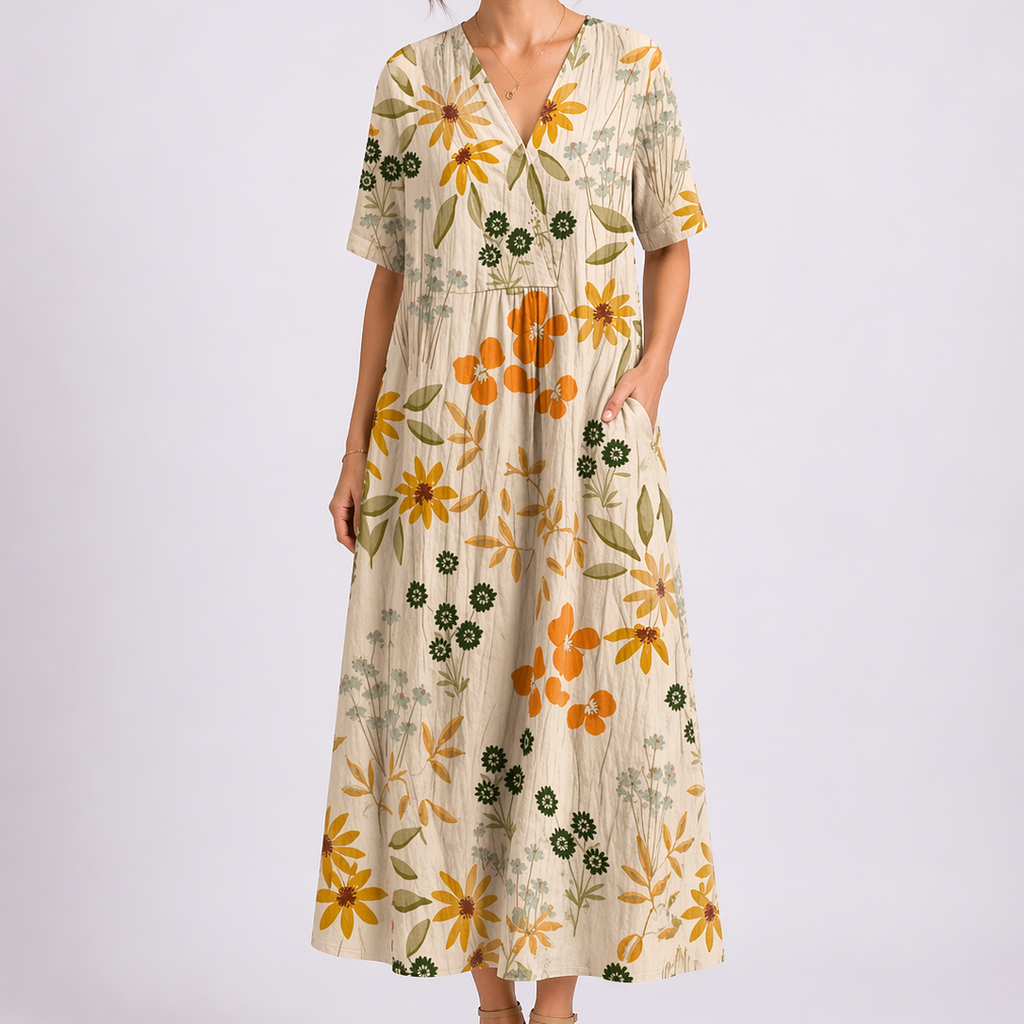 Women's Floral Midi Dress with V-Neck and Short Sleeves