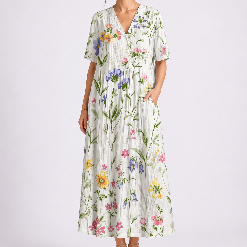 Women's Floral Midi Dress with V-Neck and Short Sleeves