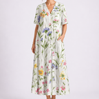 Women's Floral Midi Dress with V-Neck and Short Sleeves