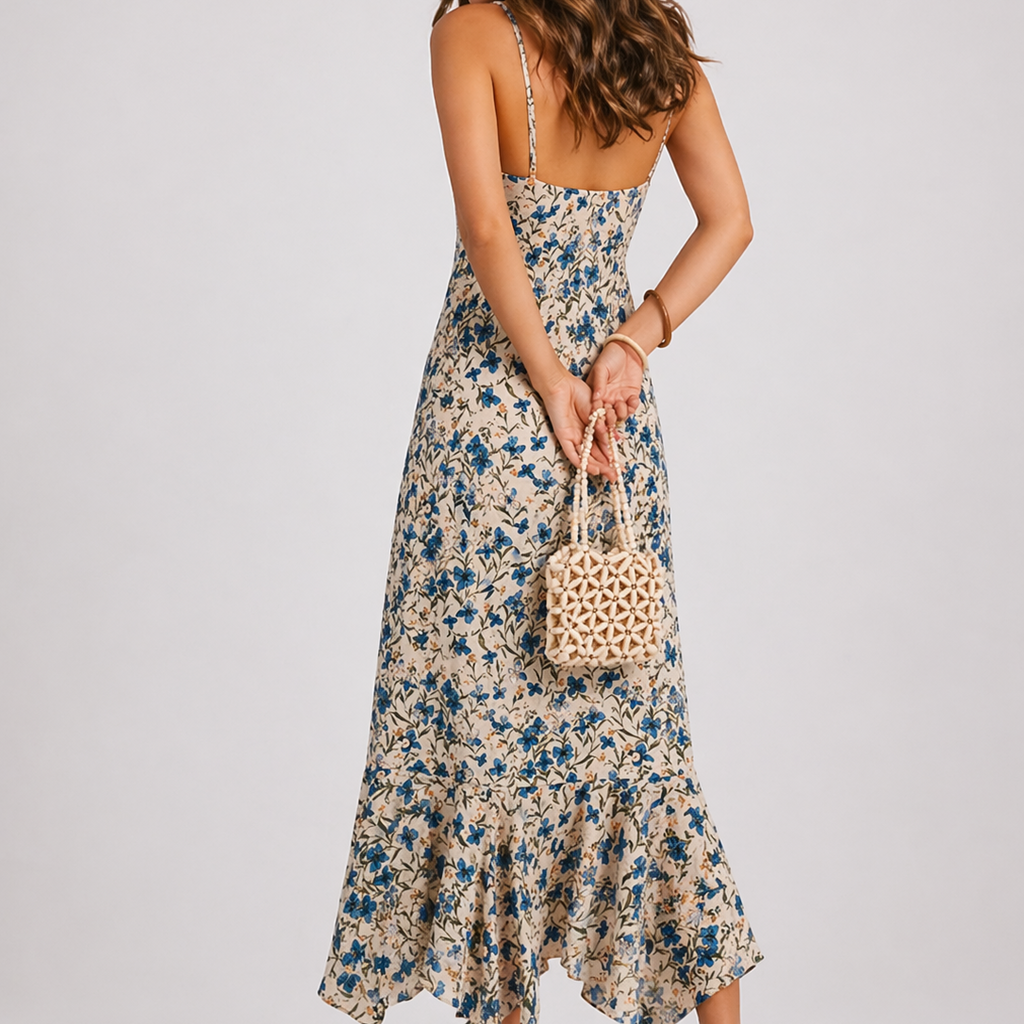 Women’s Floral Summer Midi Dress with Spaghetti Straps