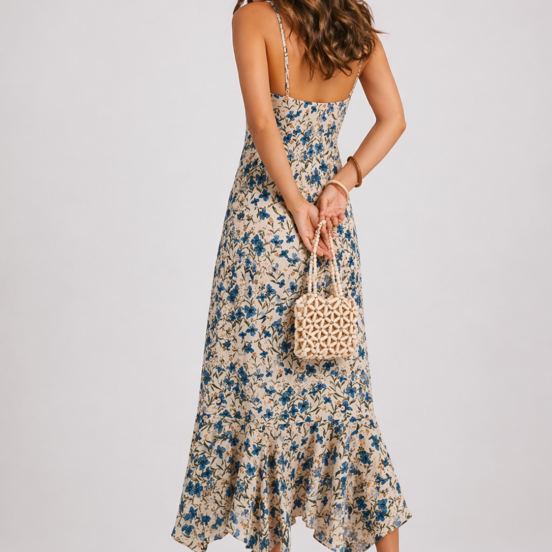 Women’s Floral Summer Midi Dress with Spaghetti Straps