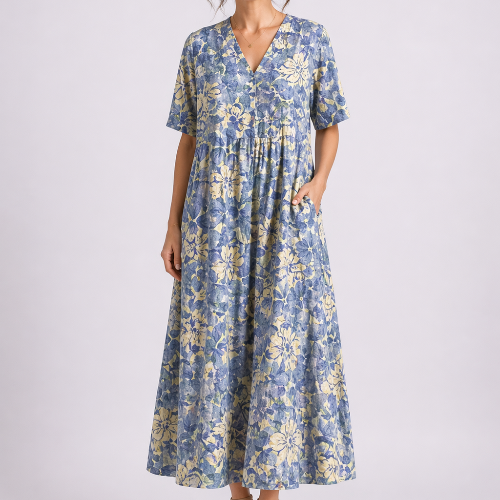 Women's Floral Midi Dress with V-Neck and Short Sleeves