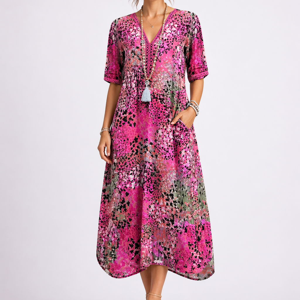 Women’s Summer Floral Midi Dress with V-Neck