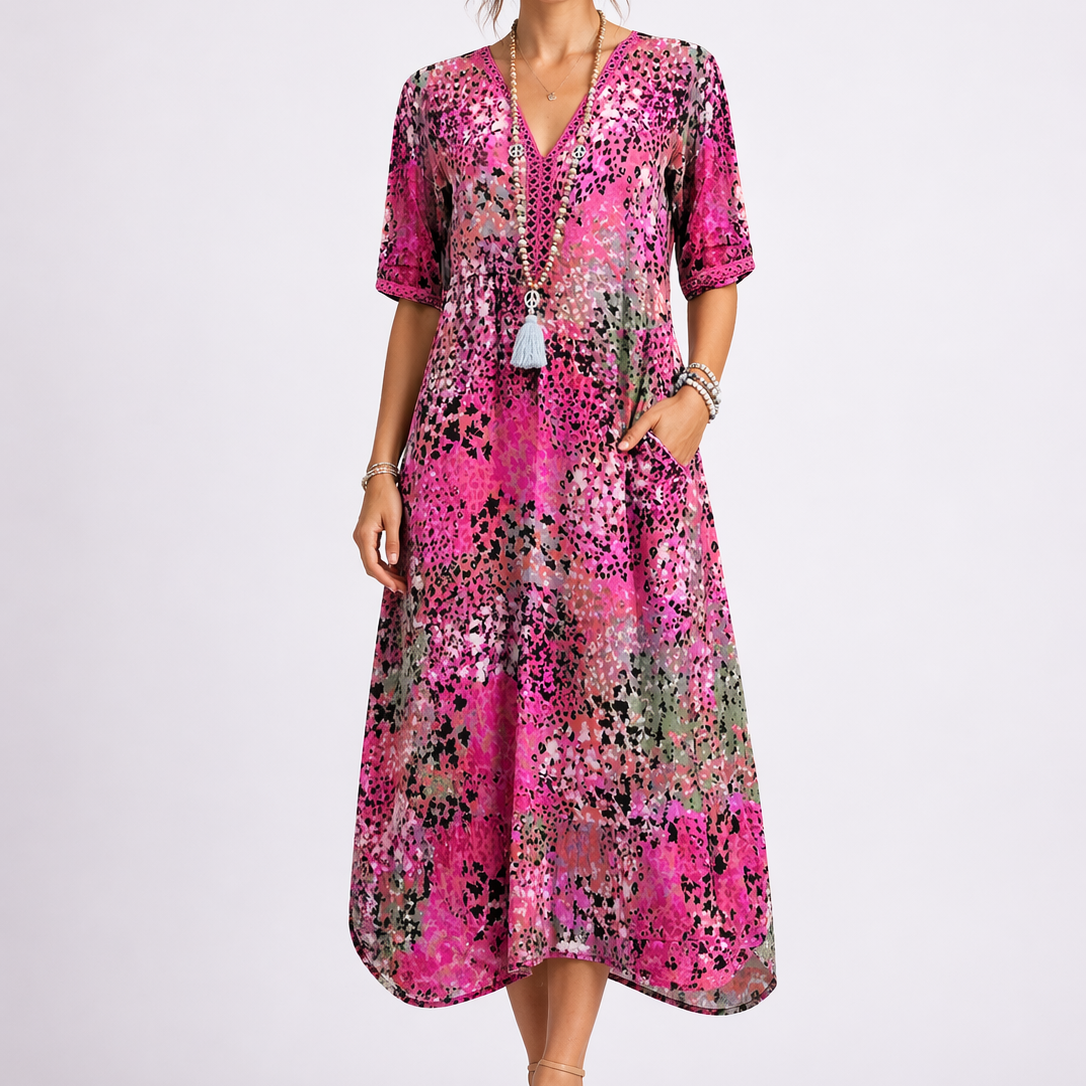 Women’s Summer Floral Midi Dress with V-Neck