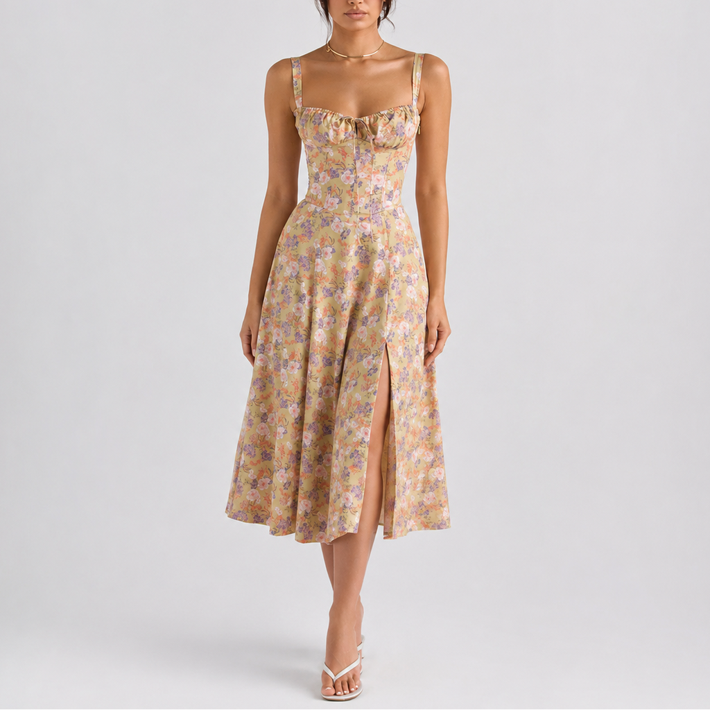 Women’s Elegant Corset Midi Dress with Ruched Bust