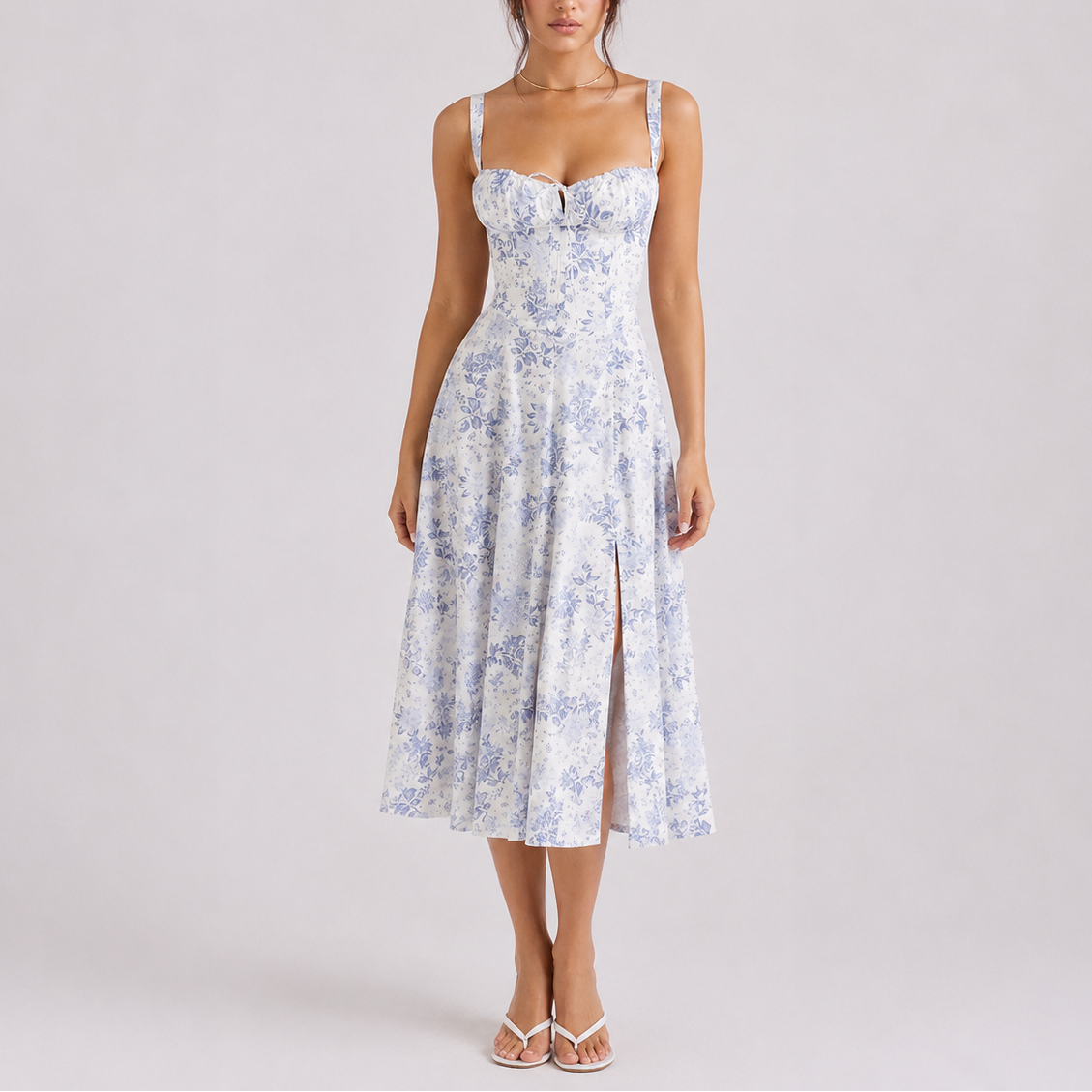 Women’s Elegant Corset Midi Dress with Ruched Bust