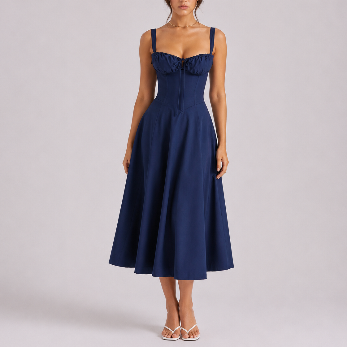 Women’s Elegant Corset Midi Dress with Ruched Bust