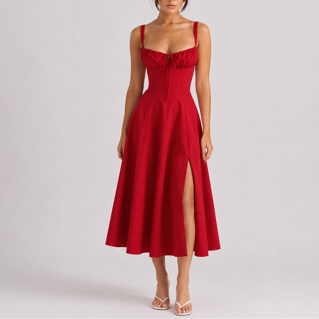 Women’s Elegant Corset Midi Dress with Ruched Bust