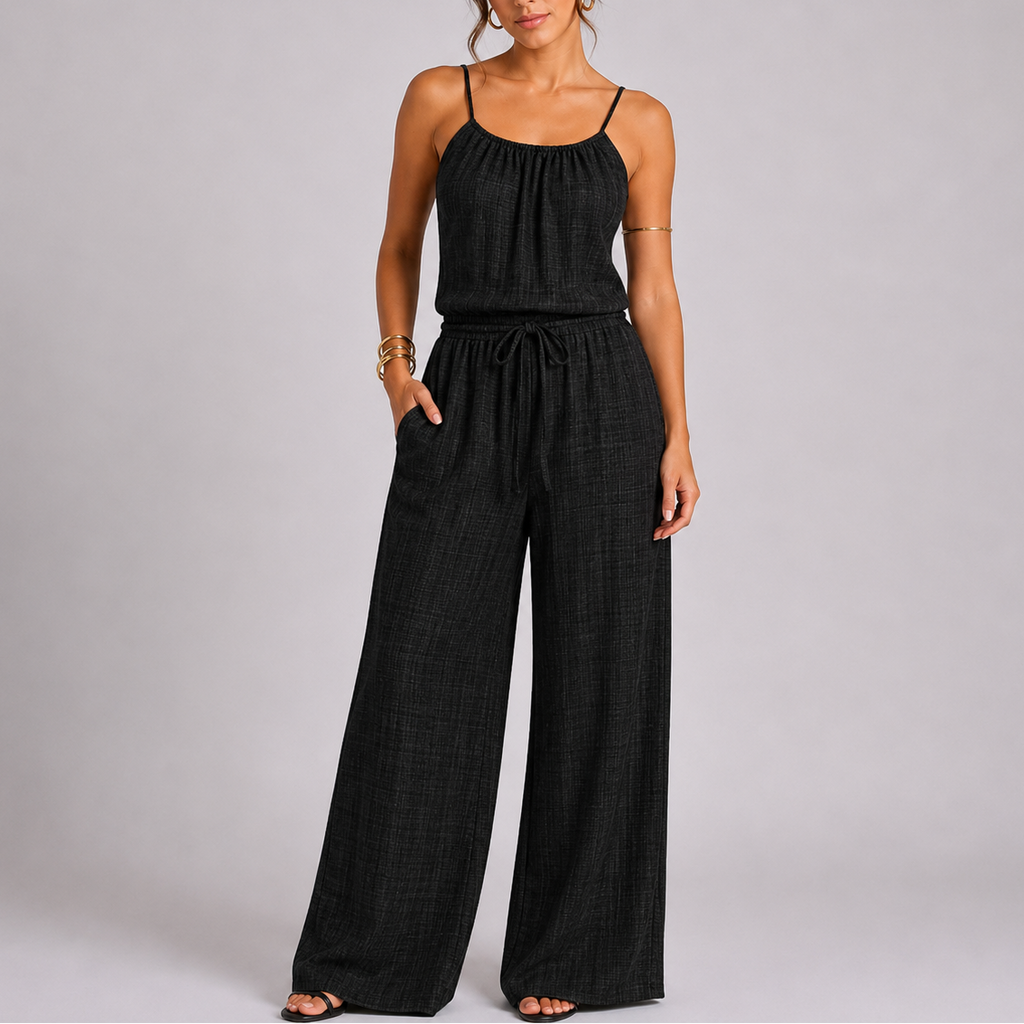 Women’s Casual Spaghetti Strap Wide Leg Jumpsuit with Drawstring Waist