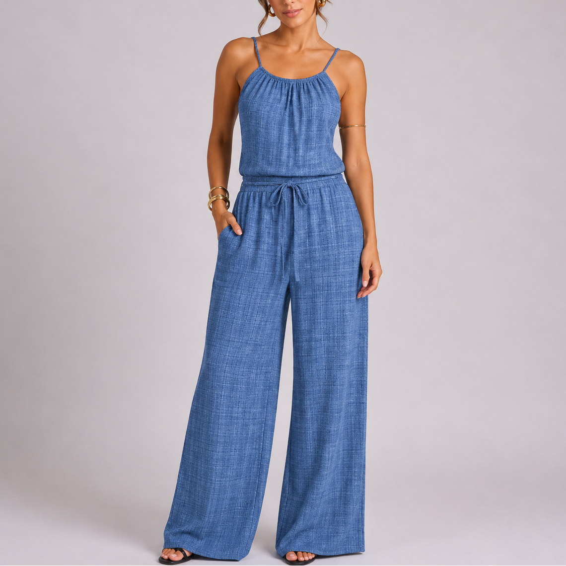 Women’s Casual Spaghetti Strap Wide Leg Jumpsuit with Drawstring Waist