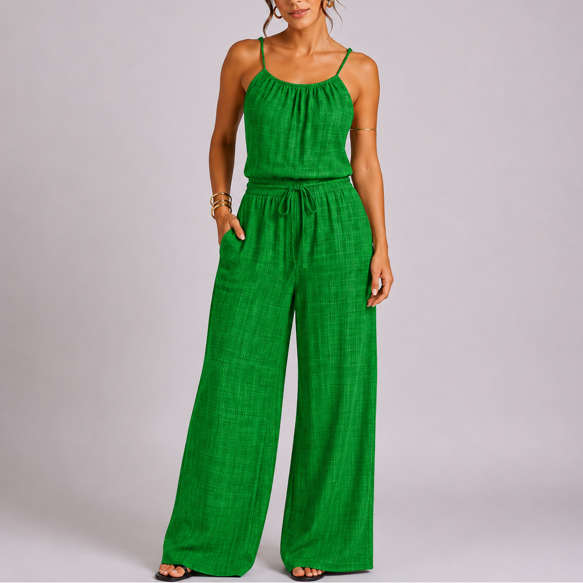 Women’s Casual Spaghetti Strap Wide Leg Jumpsuit with Drawstring Waist