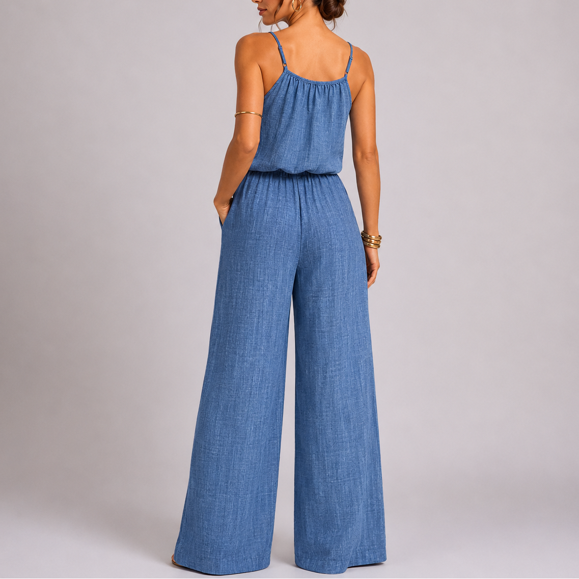 Women’s Casual Spaghetti Strap Wide Leg Jumpsuit with Drawstring Waist