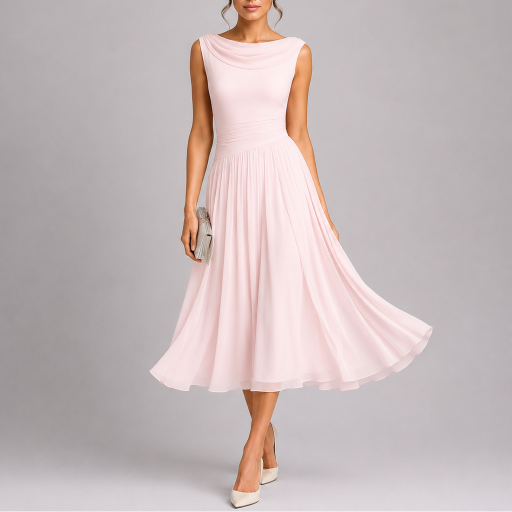 Women's Elegant Pleated Midi Dress with Draped Neckline