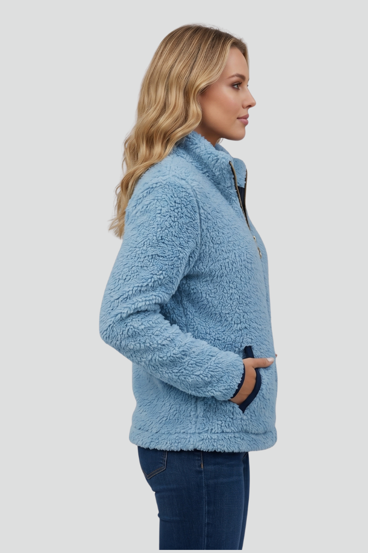 Women's Fleece Jacket with Stand-Up Collar and Contrast Trim