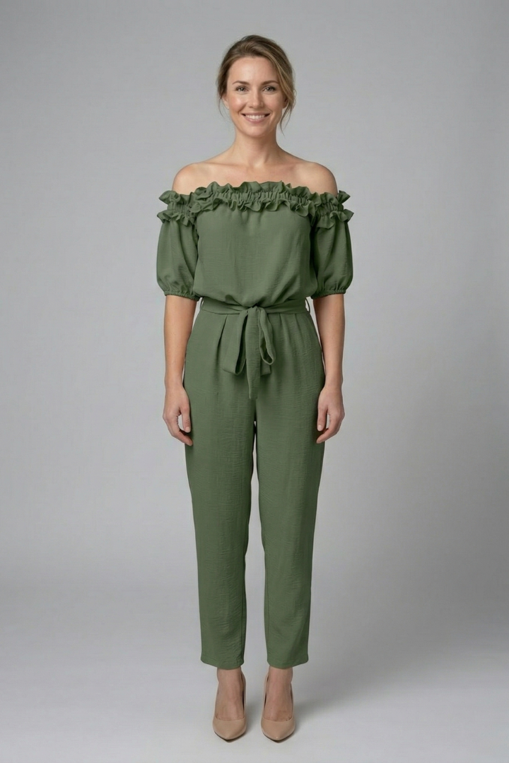 Women’s Jumpsuit with Off-Shoulder Neckline and Waist Tie