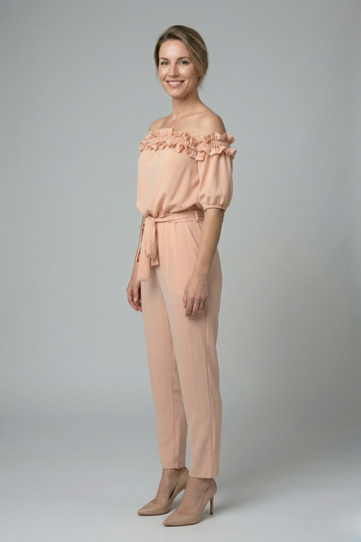 Women’s Jumpsuit with Off-Shoulder Neckline and Waist Tie