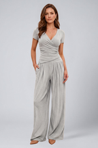 Women's Lounge Set with Wrap Top and Wide-Leg Pants