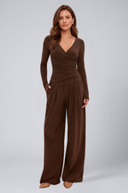 Women's Lounge Set with Wrap Top and Wide-Leg Pants