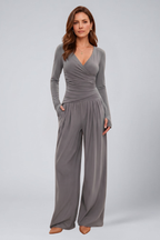 Women's Lounge Set with Wrap Top and Wide-Leg Pants