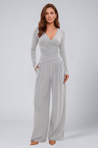 Women's Lounge Set with Wrap Top and Wide-Leg Pants