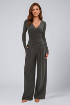 Women's Lounge Set with Wrap Top and Wide-Leg Pants