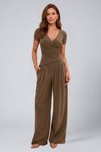 Women's Lounge Set with Wrap Top and Wide-Leg Pants