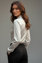 Women’s Satin Blouse with Draped Collar and Long Sleeves