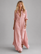Women’s Linen Look Maxi Dress – Relaxed Button Front Summer Style
