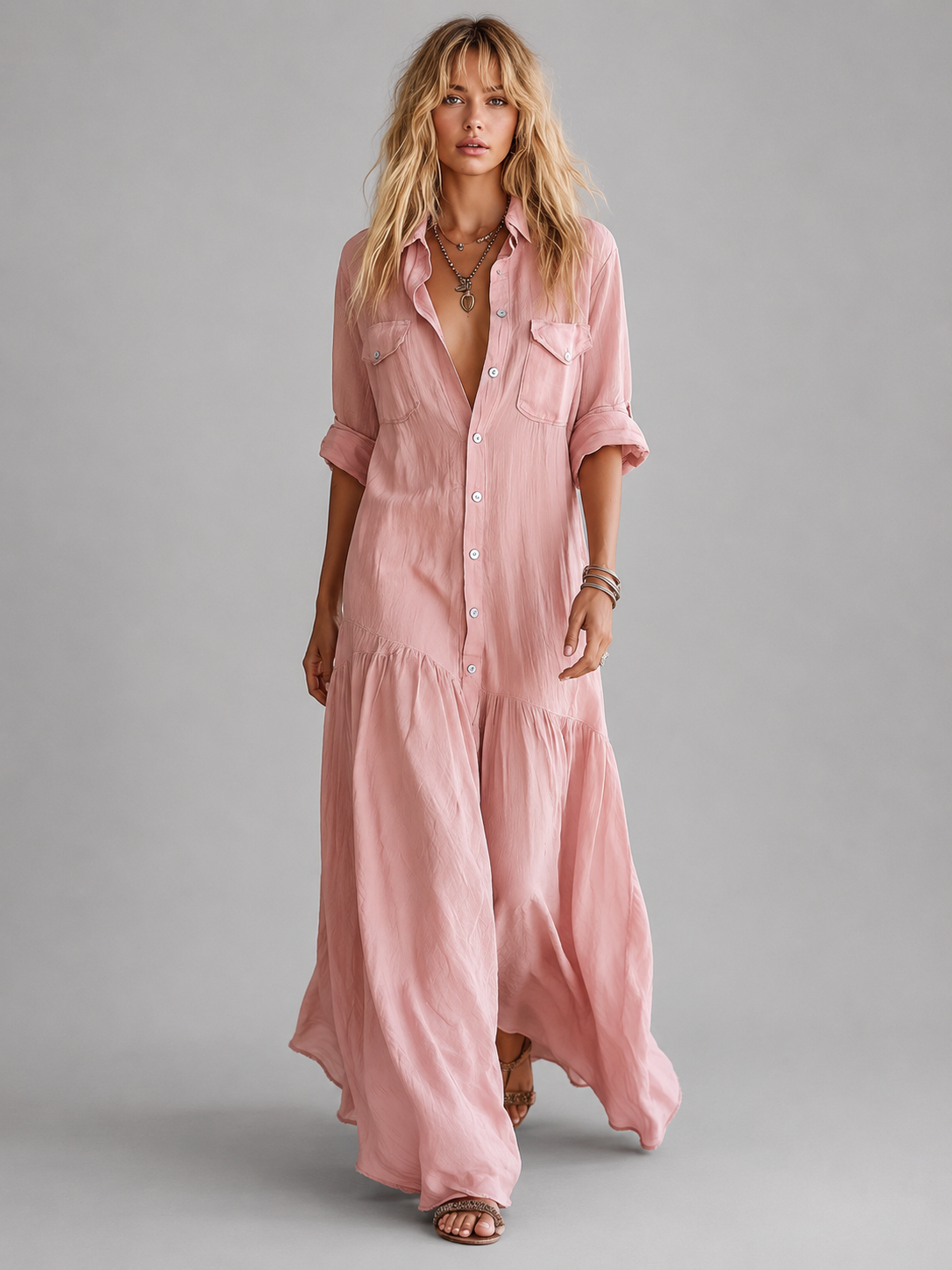 Women’s Linen Look Maxi Dress – Relaxed Button Front Summer Style