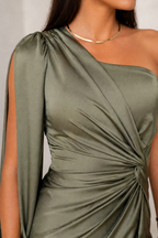 Women’s One-Shoulder Satin Feel Maxi Dress – Draped Elegant Silhouette