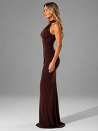 Women’s Ruched High Neck Maxi Dress with Side Split – Wedding Guest Gown