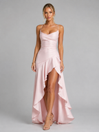 Women’s Strappy Maxi Dress with Thigh Split and Asymmetrical Hem – Elegant Evening Dress