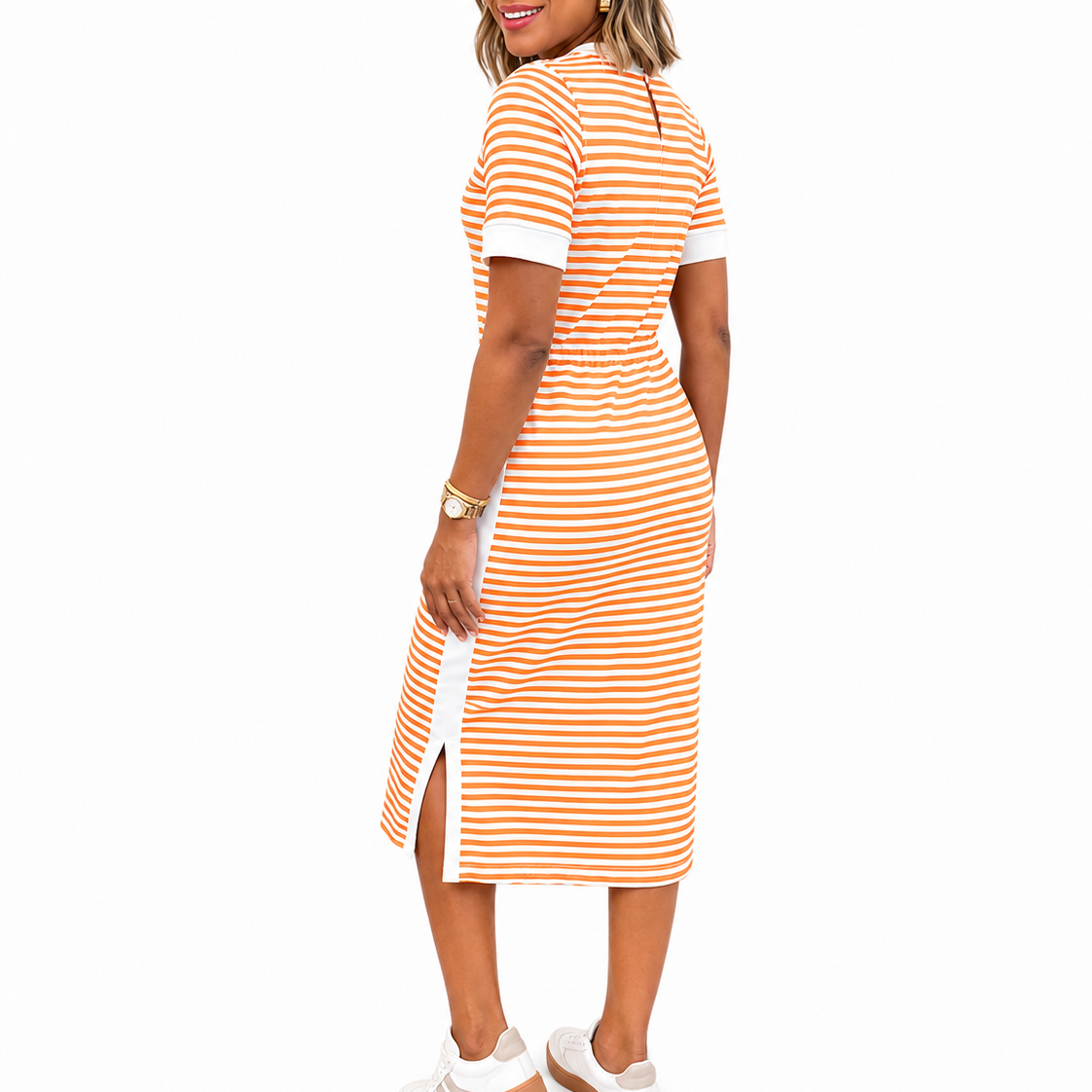 Women’s Black and White Striped Midi T-Shirt Dress