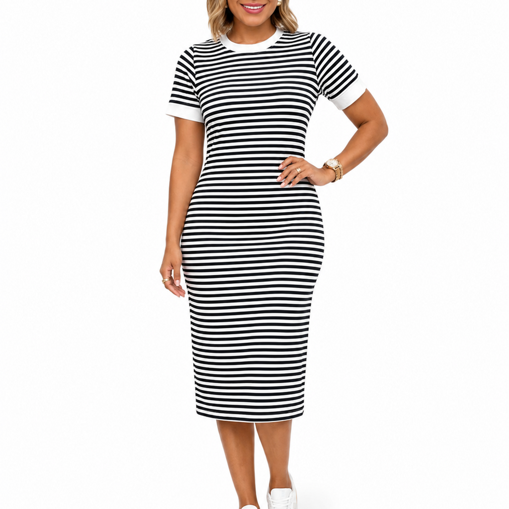 Women’s Black and White Striped Midi T-Shirt Dress