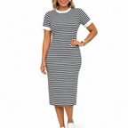 Women’s Black and White Striped Midi T-Shirt Dress