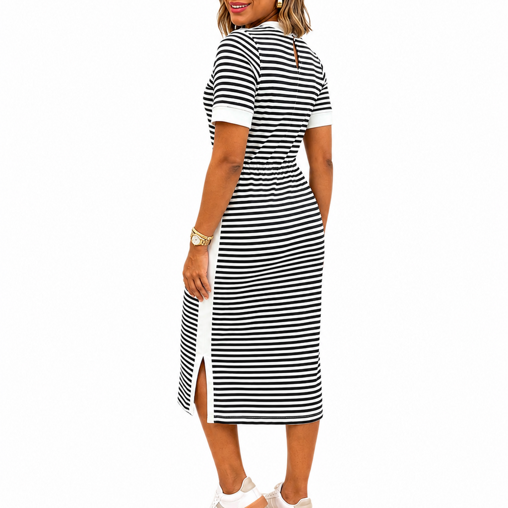 Women’s Black and White Striped Midi T-Shirt Dress
