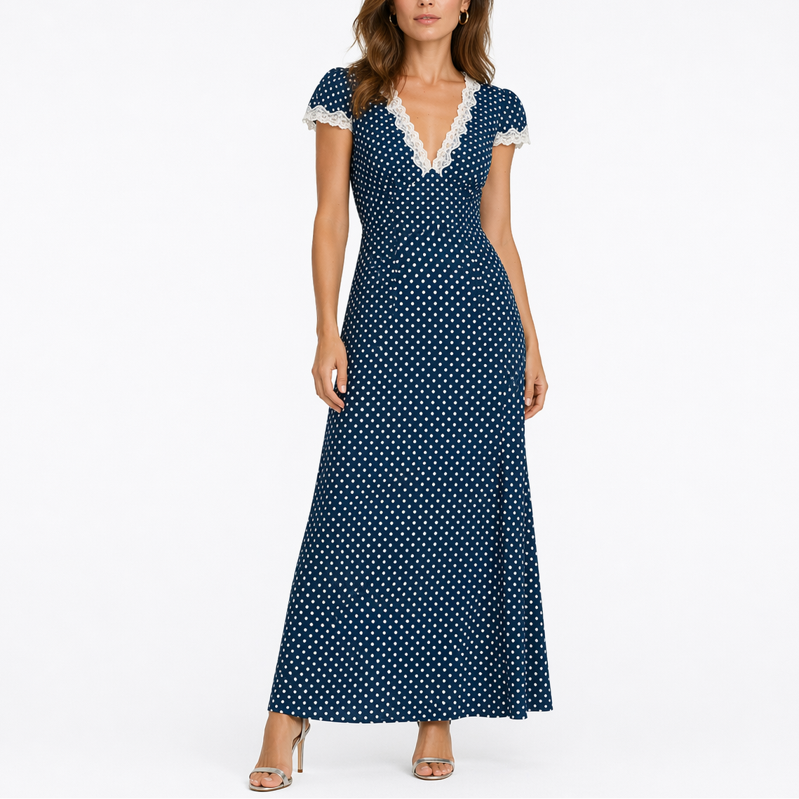 Women’s Summer Polka Dot Midi Dress with Lace Trim V-Neck