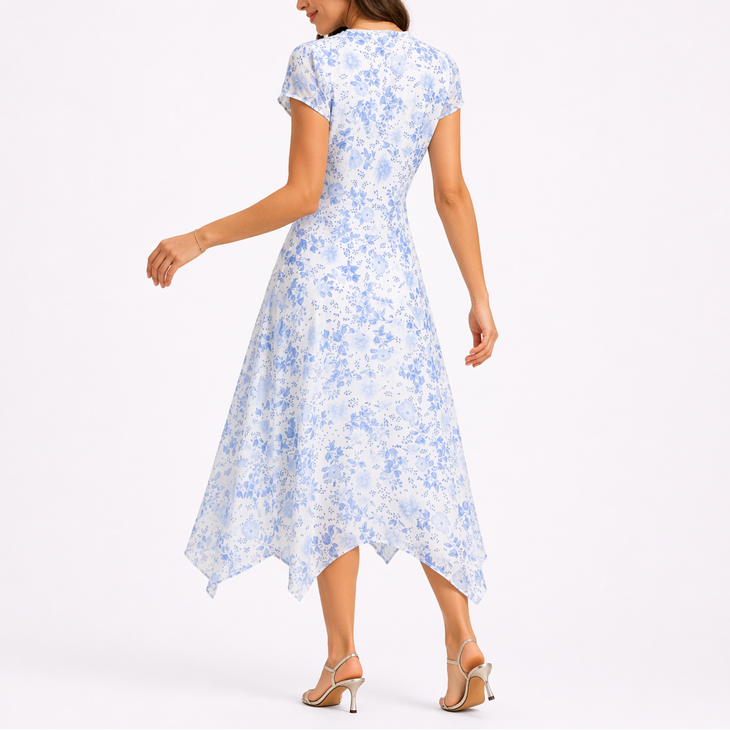 Women’s Blue Floral Midi Dress with V-Neck