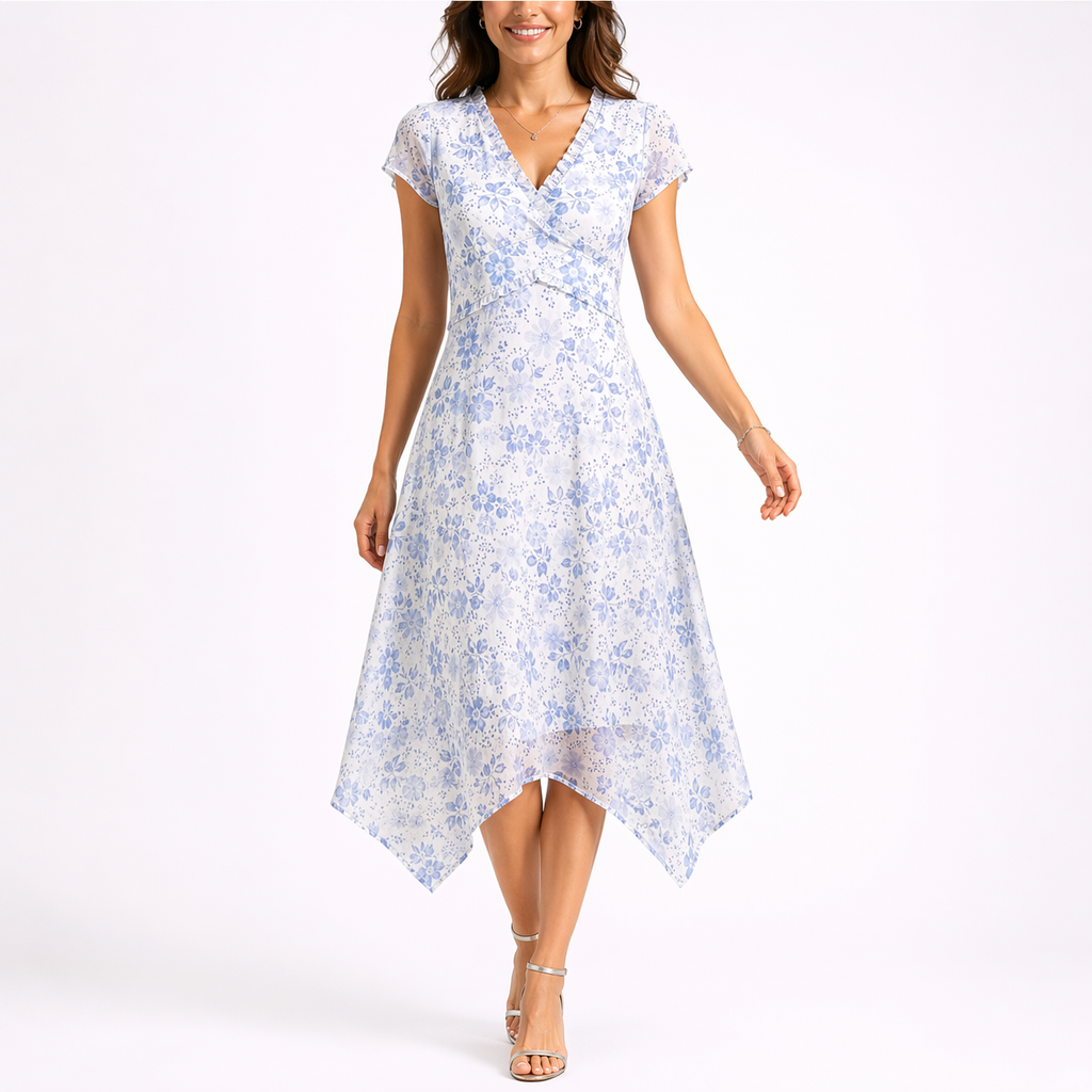 Women’s Blue Floral Midi Dress with V-Neck