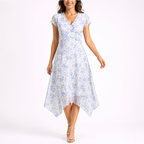 Women’s Blue Floral Midi Dress with V-Neck