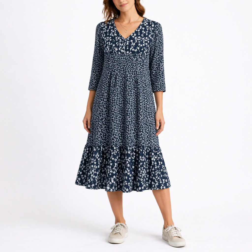 Women’s Floral Midi Dress with V-Neck and Smocked Waist