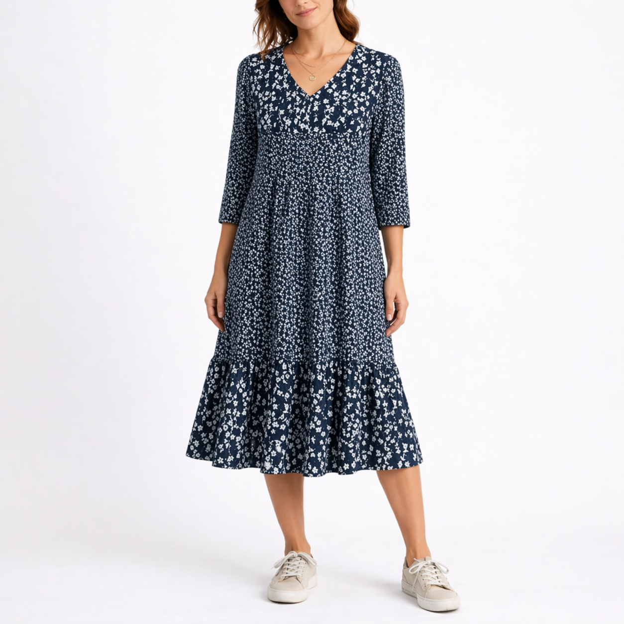 Women’s Floral Midi Dress with V-Neck and Smocked Waist