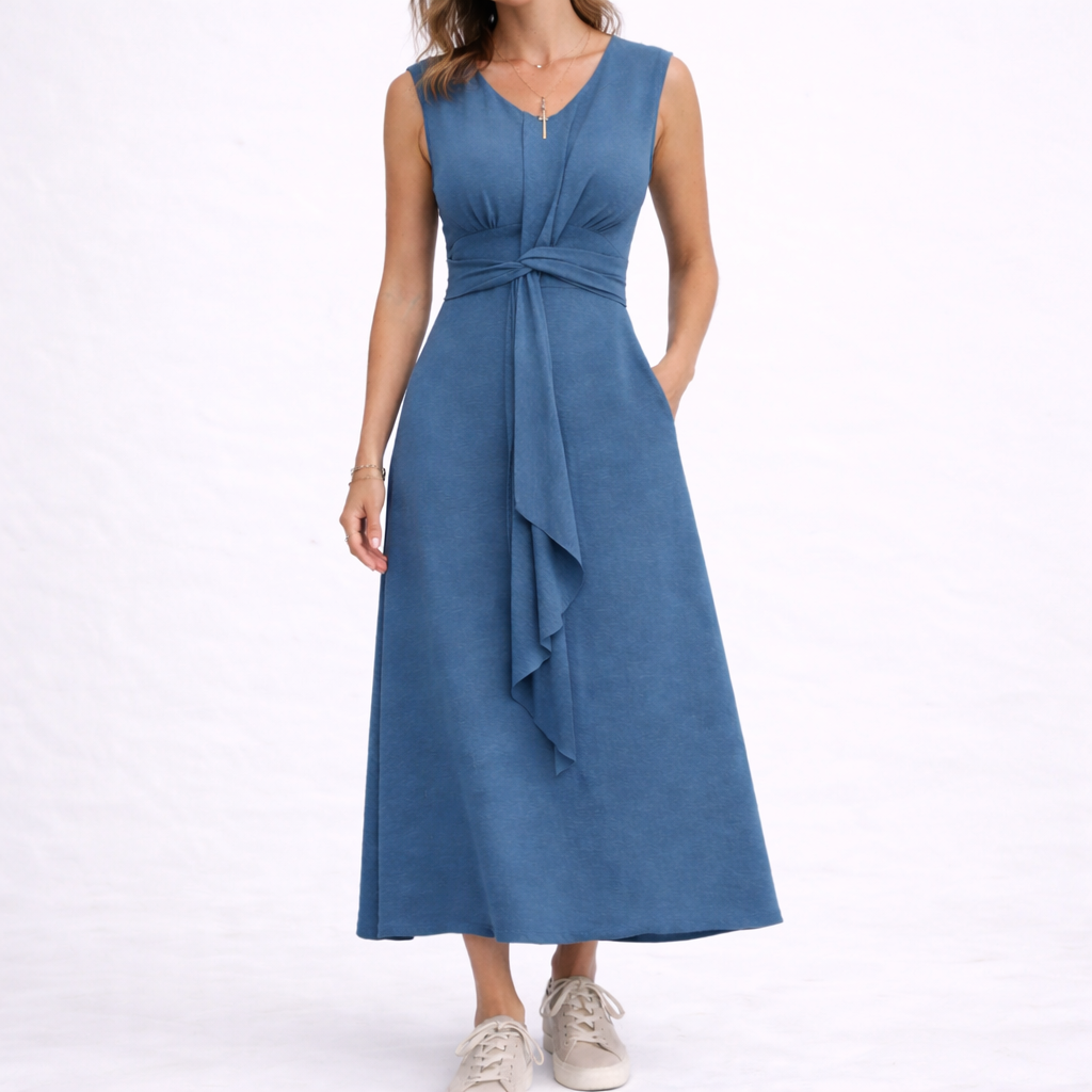 Elegant Sleeveless Midi Dress with Waist Tie Detail