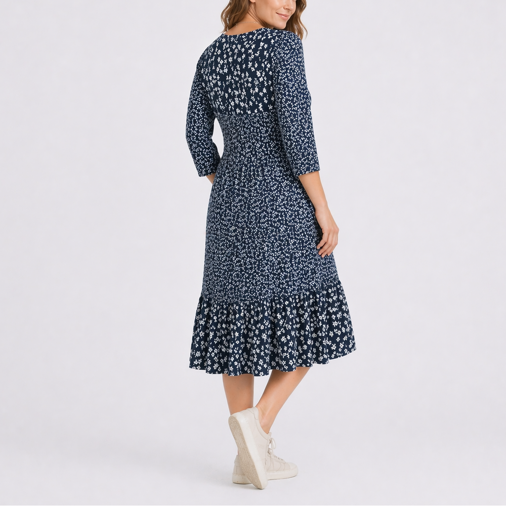 Women’s Floral Midi Dress with V-Neck and Smocked Waist