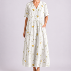 Women's Floral Midi Dress with V-Neck and Short Sleeves