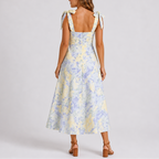 Pastel Floral Midi Dress with Tie Shoulders and Ruched Bodice
