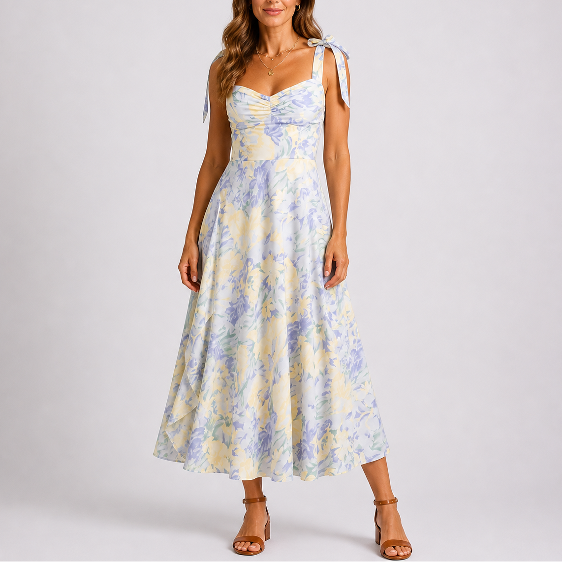 Pastel Floral Midi Dress with Tie Shoulders and Ruched Bodice