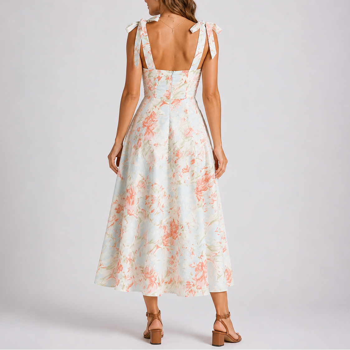 Pastel Floral Midi Dress with Tie Shoulders and Ruched Bodice